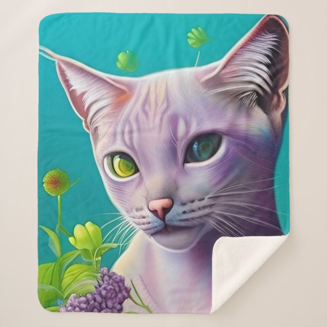 Couverture Sherpa Lilac Chat Siamese en fleurs Lilac sur Turquoise (Devant)