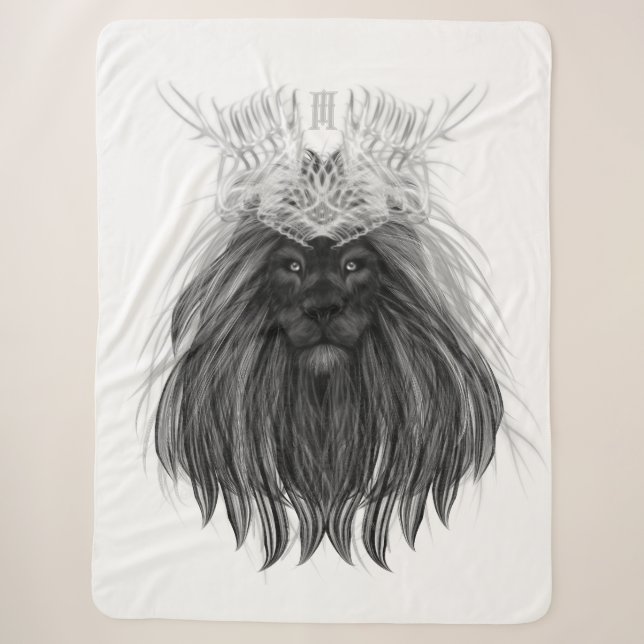 Couverture Sherpa Lion noir avec couronne Antlers et monogramme (Devant)