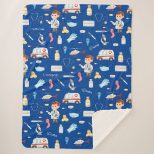 Couverture Sherpa Little Boy Doctor Motif Médicale avec nom, bleu