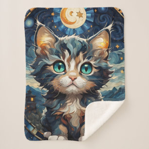 Couverture Sherpa Little Fluffy Kitten Nuit Ciel Vitrail