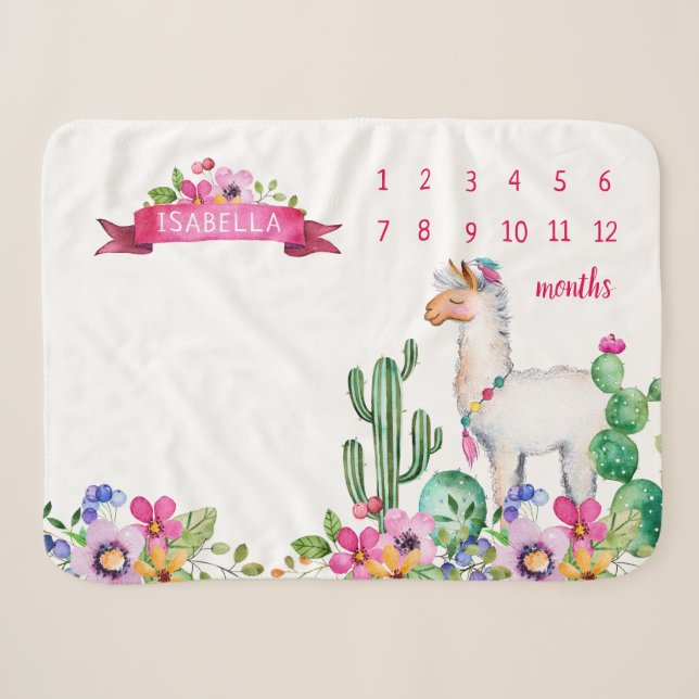 Couverture Sherpa Llama et Cactus Floral Baby Name Milestone Photo (Devant (Horizontal))
