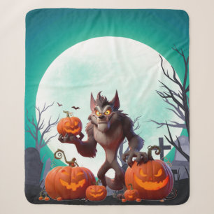 Couverture Sherpa loup-garou et citrouilles d'Halloween