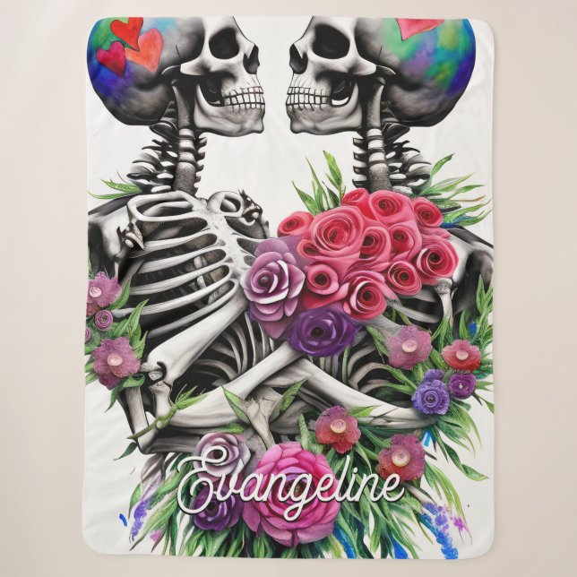 Couverture Sherpa Love Couple Aquarelle Skeletons Floraux (Devant)