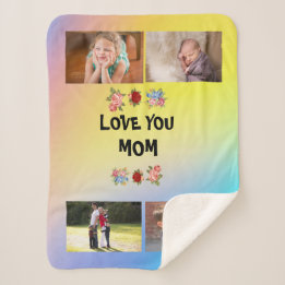 Couverture Sherpa Love You, Maman Roses Rose jaune bleu et 4 photos