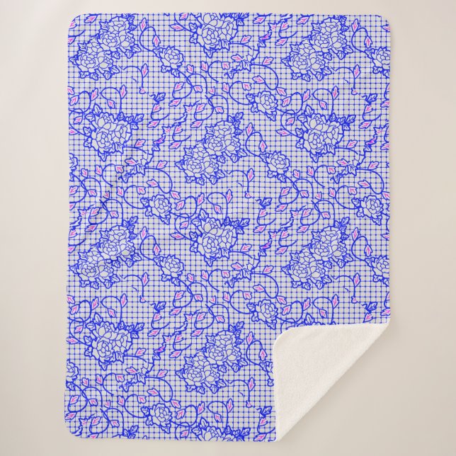 Couverture Sherpa Lumineuse filet bleu avec fleurs 02b Offwhite BG (Devant)