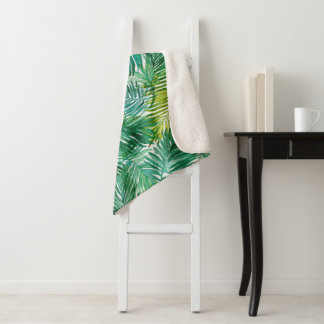 Couverture Sherpa Lush Tropical Island Green Palm Leaf Watercolor 