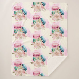 Couverture Sherpa Macarons et fleurs colorés Motif d'aquarelle