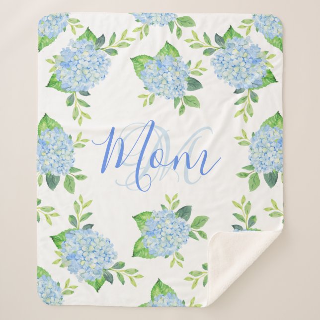 Couverture Sherpa Maman Floral Bleu Hydrangée Aquarelle moderne (Devant)