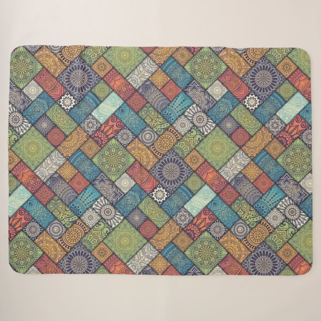 Couverture Sherpa Mandalas carré rectangles de couleurs muettes moti (Devant (Horizontal))