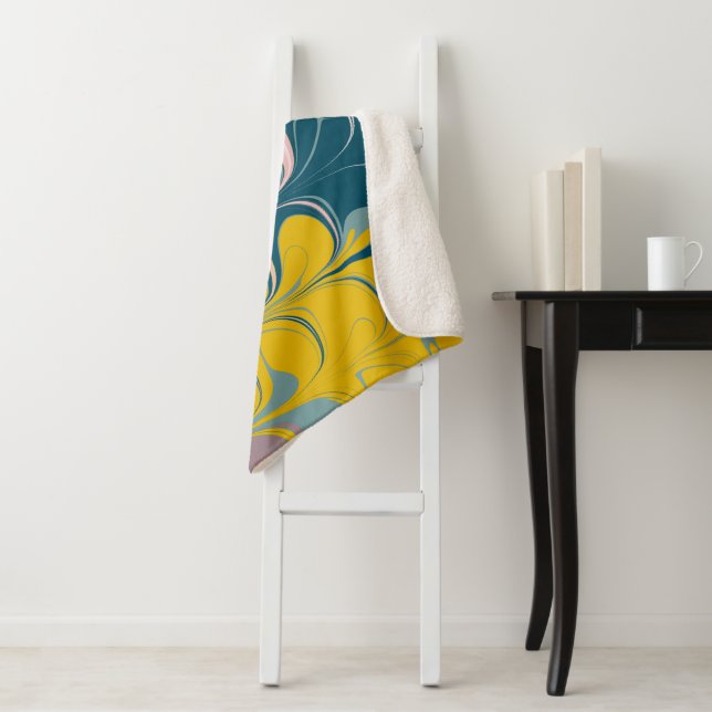 Couverture Sherpa Marbre Abstrait moderne Ebru Motif Turquoise et ro (En situation)