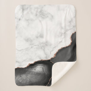 Couverture Sherpa Marbre blanc Agate noire Paillettes d'or rose