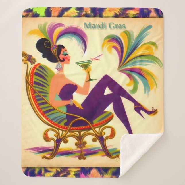 Couverture Sherpa Mardi Gras Femme Au Milieu Du Siècle Avec Martini (Devant)