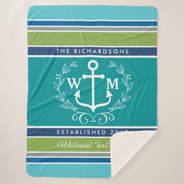 Couverture Sherpa Mariage Monogram Ancre Laurel Wreath Aqua Stripes (Devant)