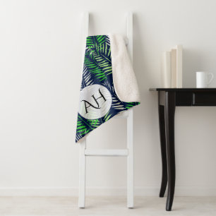 Couverture Sherpa Marine moderne Bleu Motif tropical Feuilles de ver
