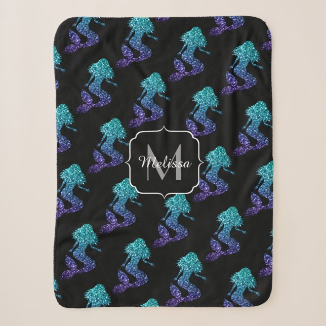 Couverture Sherpa Mermaid aqua bleu ombre motif Monogramme (Devant)