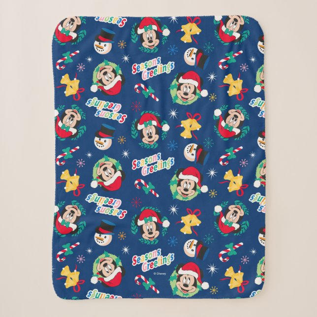 Couverture Sherpa Mickey & Minnie | Motif Bonnes Fêtes bleues (Devant)