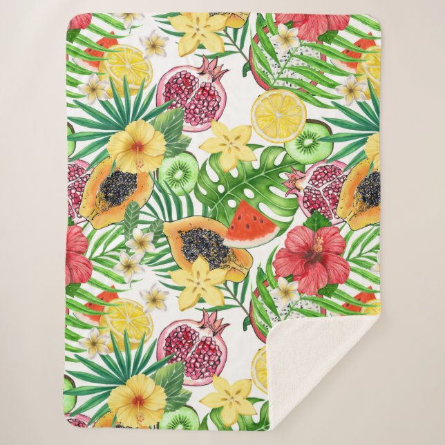 Couverture Sherpa Mix-fruit tropical, fleurs et feuilles sur blanc (Devant)