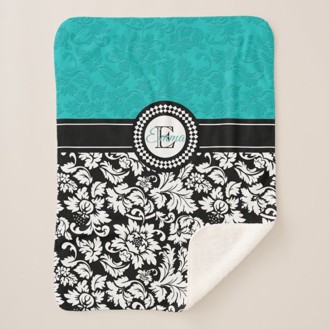Couverture Sherpa Modèle Damas Blanc Et Turquoise (Devant)