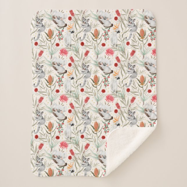 Couverture Sherpa Modèle Floral australien Koalas Possum Cockatoos (Devant)
