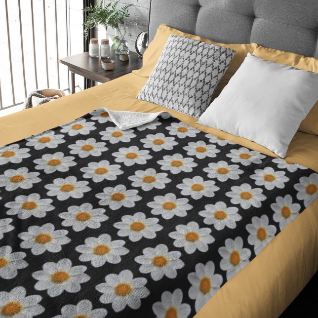 Couverture Sherpa Modèle floral dahlia blanc sur noir (In Situ Bed)