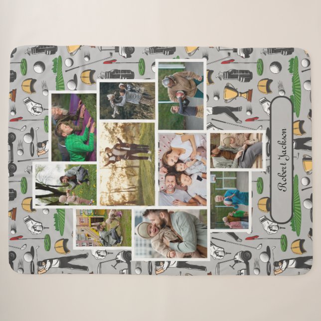 Couverture Sherpa Modern Golf 10 Photo Collage Monogramme Nom (Devant (Horizontal))
