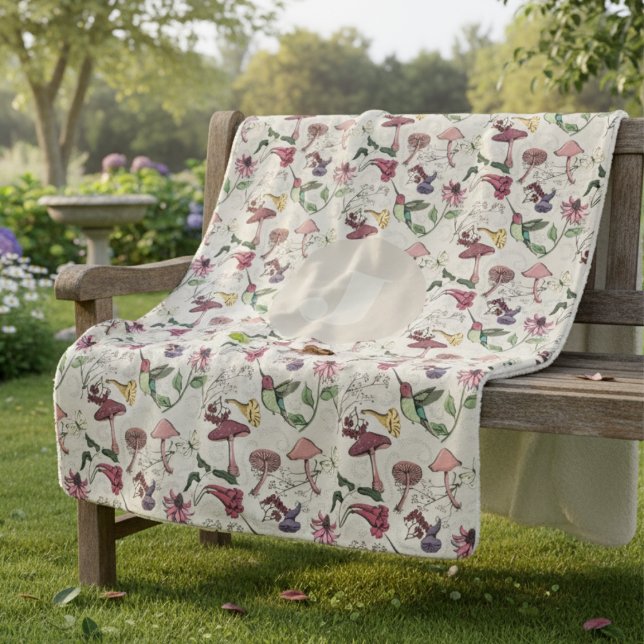 Couverture Sherpa Modern Ivory Hummingbird Flowers Leaves (Elegant Nature Inspired Hummingbird Blankets. Ivory Colibri, Flowers Leaves Pattern Initial for Her)