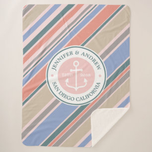Couverture Sherpa Monogram Anchor Trendy Stripes Pink Nautical Beach