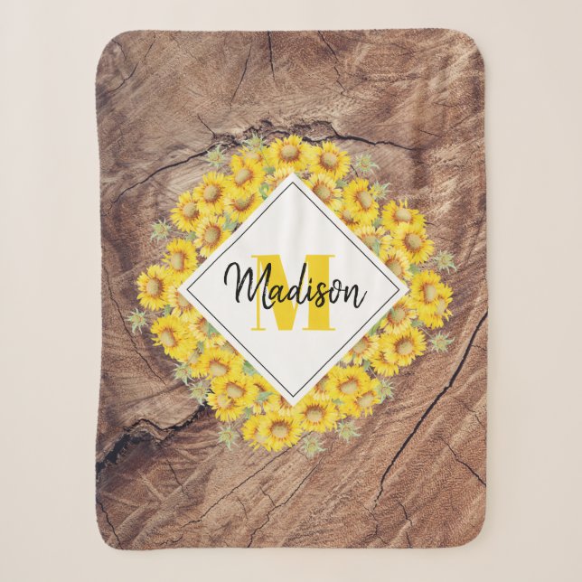 Couverture Sherpa Monogram de Rustic Sunflowers & Wood Texture (Devant)