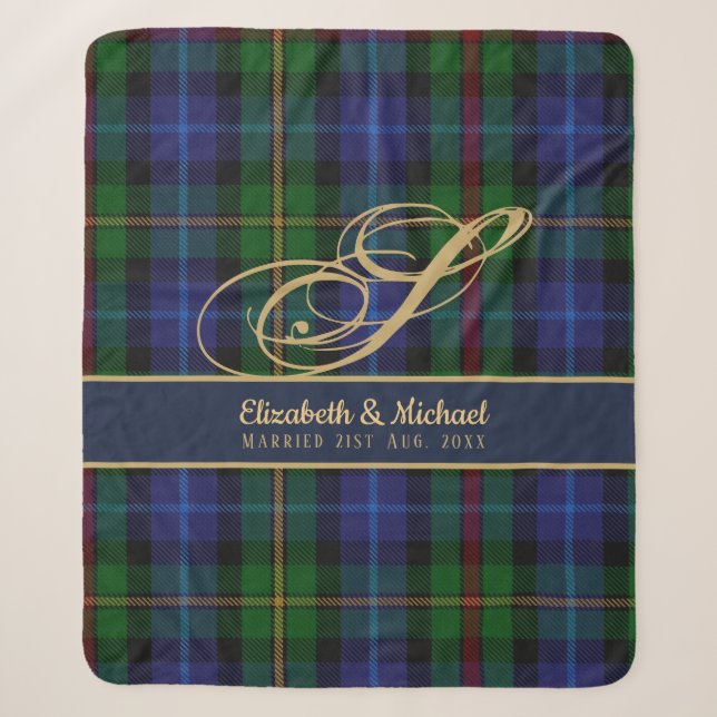Couverture Sherpa Monogram Smith Tartan Blue Green Gold Newlywees (Devant)