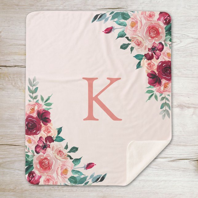 Couverture Sherpa Monogramme Aquarelle Boho rose Bourgogne Rose Flor (Close up on wood)