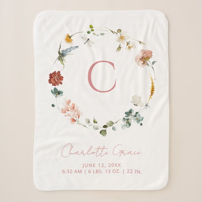 Couverture Sherpa Monogramme Aquarelle rose Floral Girl Statistiques (Devant)