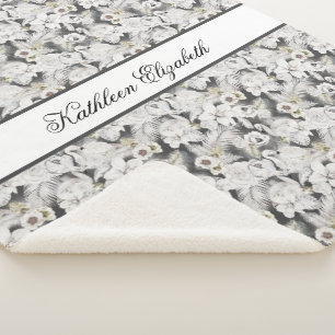 Couverture Sherpa Monogramme Blanc Gris Swan Floral Élégant Design