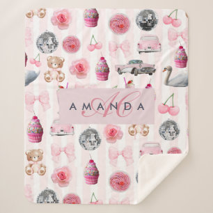 Couverture Sherpa Monogramme Blush Rose Retro Disco Ball Coquette