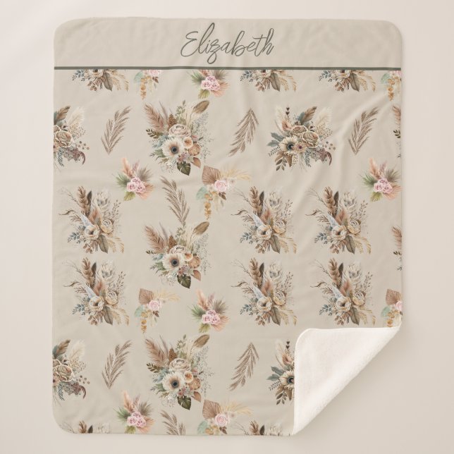 Couverture Sherpa Monogramme Boho Beige Vert rose rose Floral Botani (Devant)