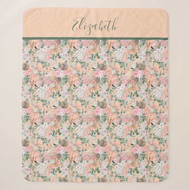 Couverture Sherpa Monogramme Boho rose Peach blanc Floral tendance (Devant)