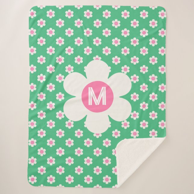 Couverture Sherpa Monogramme Custom Retro Daisis rose et vert (Devant)