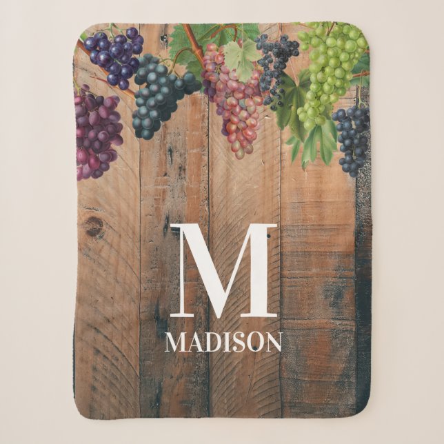 Couverture Sherpa Monogramme de bois et de raisins rustiques (Devant)