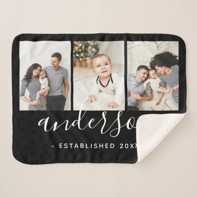 Couverture Sherpa Monogramme de famille moderne 3 Collage photo (Devant (Horizontal))