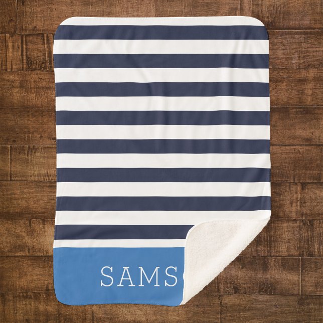Couverture Sherpa Monogramme de la marine et des bandes bleues | Cou (Créateur téléchargé)