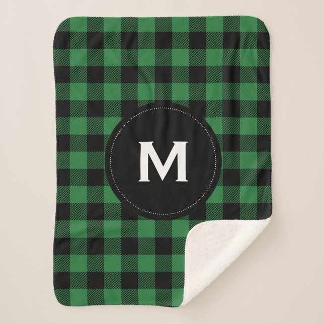 Couverture Sherpa Monogramme de Motif à plis noir et vert rustique (Devant)