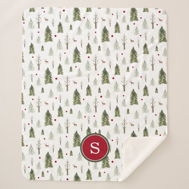 Couverture Sherpa Monogramme d'eau de la forêt d'hiver de pin vert (Devant)