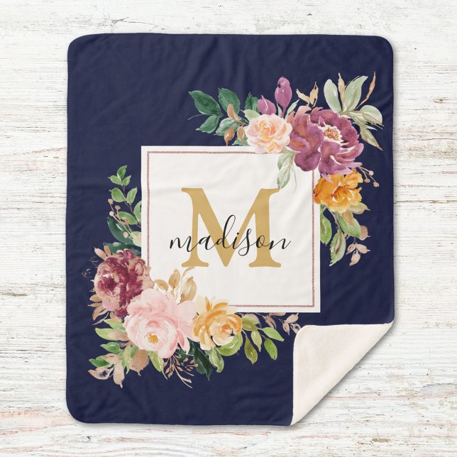 Couverture Sherpa Monogramme Elegant Aquarelle Rose Floral Botanique (In situ)