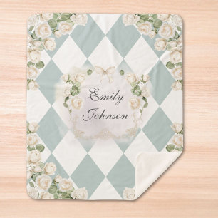 Couverture Sherpa Monogramme Élégant Roses Blanches Feuilles Vertes