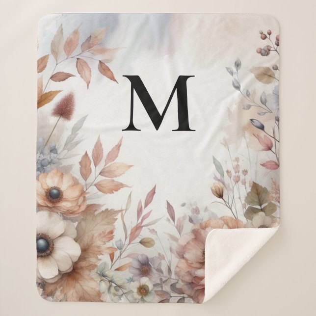 Couverture Sherpa Monogramme Feuilles de automne et fleurs aquarelle (Devant)