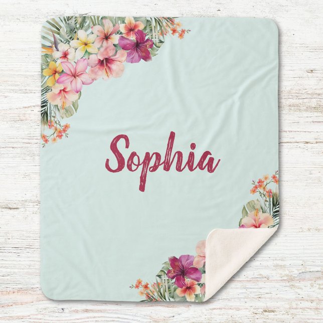 Couverture Sherpa Monogramme Hibiscus rose Fleurs tropicales florale (Close up)