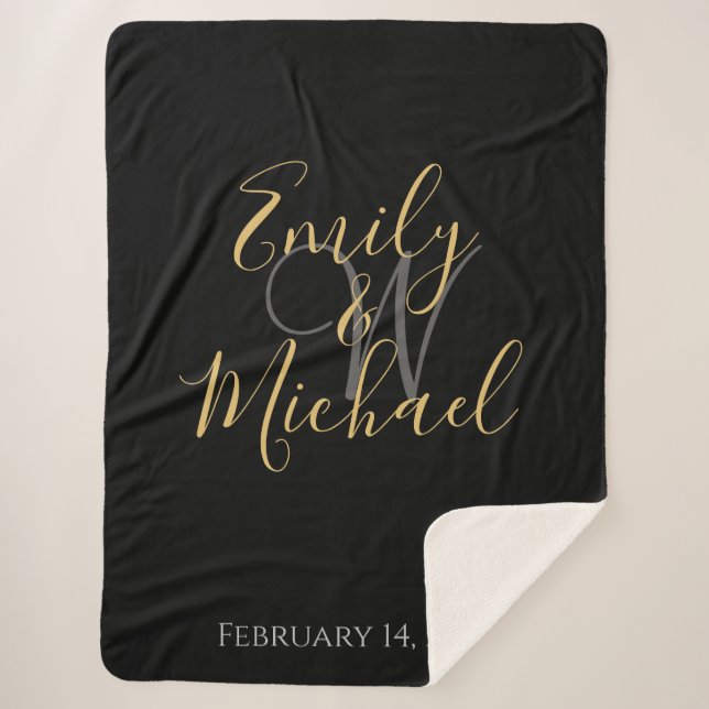 Couverture Sherpa Monogramme Initiale Élégant en Or Noir pour Mariag (Devant)