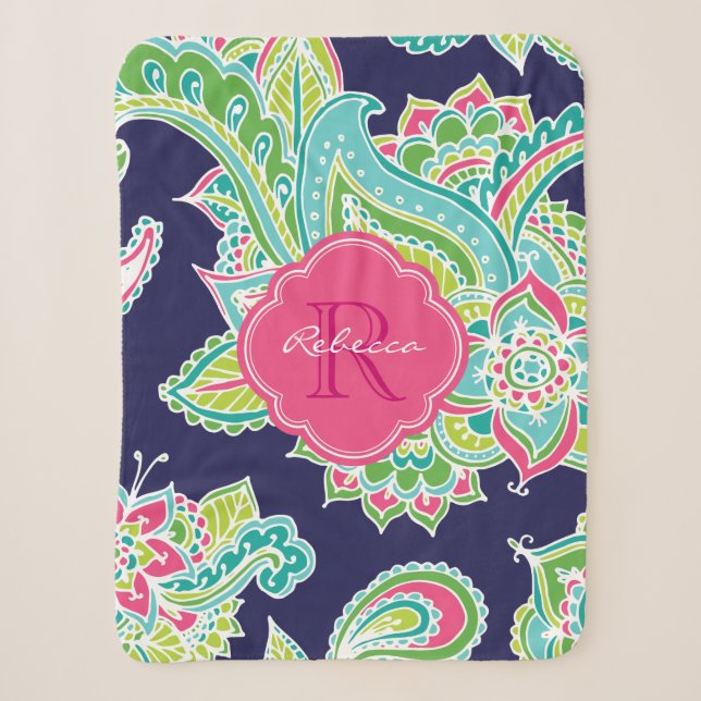 Couverture Sherpa Monogramme Marine et rose Boho Paisley (Devant)