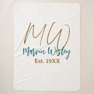 Couverture Sherpa Monogramme marron bleu turquoise année simple mini