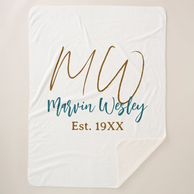 Couverture Sherpa Monogramme marron bleu turquoise année simple mini (Devant)