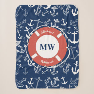 Couverture Sherpa Monogramme nautique Ancre bleu marine Motif